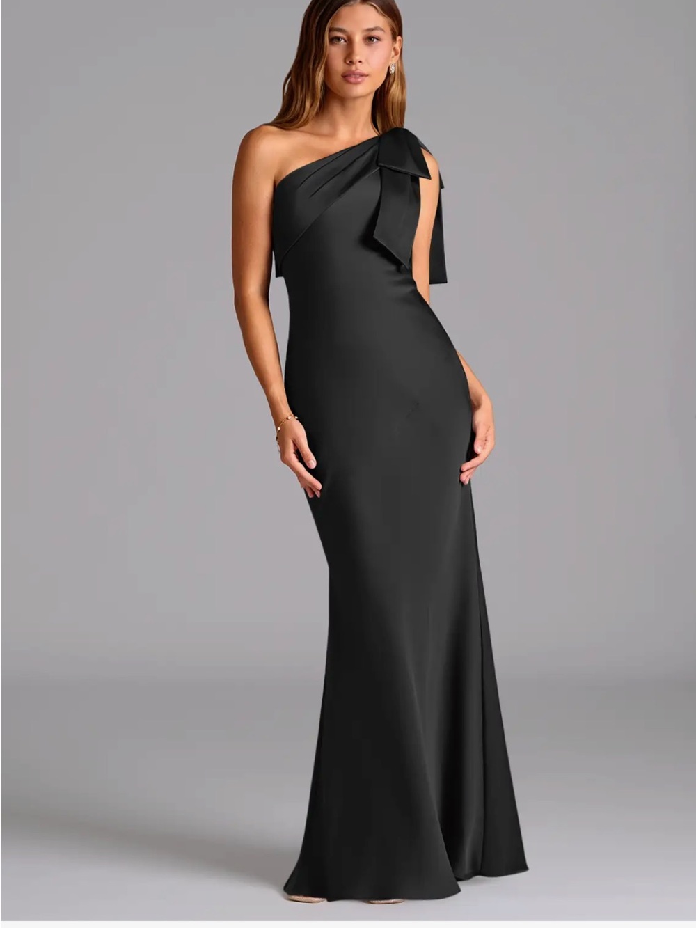 Azazie Yuanna One-Shoulder Black Evening Gown with Bow Detail